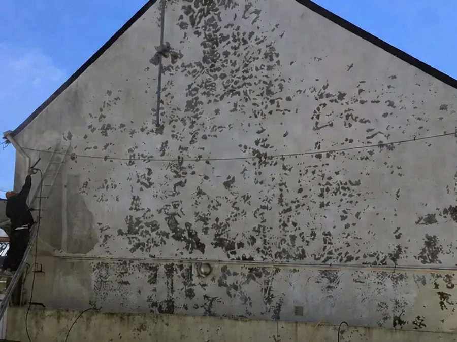 Pignon de maison à l'enduit cloqué et encrassé avant ravalement