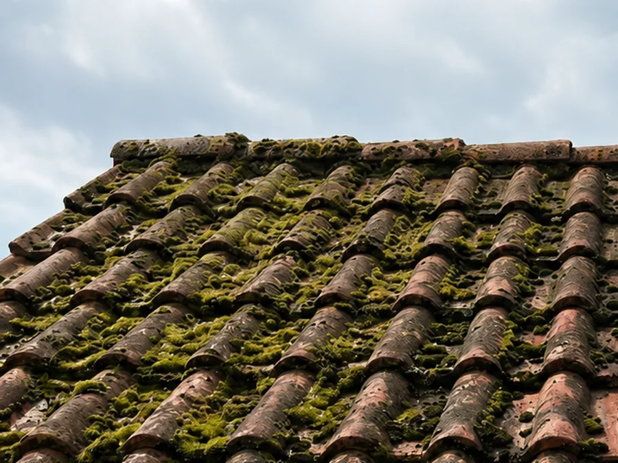 Toiture en tuiles envahie de mousses et de lichens avant démoussage